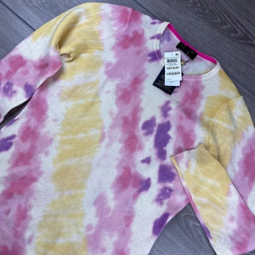Charter Club Women's Luxury Cashmere Crew Neck Sweater Pink Yellow Tie Dye M New